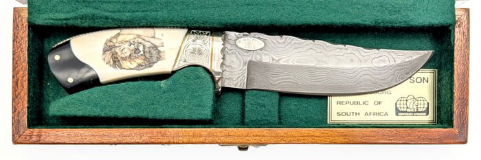 Stephen Mackrill Damascus Exotic Bone Scrimshaw Hunter w/ Case