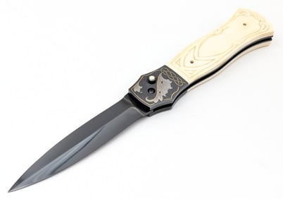 Elegant Jim & Joyce Minnick Exotic Bone Single Edge Dagger Switchblade