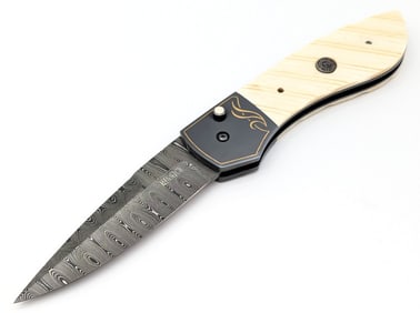 Elegant Jim & Joyce Minnick Rain Drop Damascus Exotic Bone Switchblade