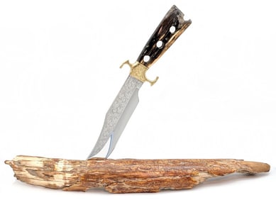 Tiny Spencer Robert Valade Engraved Fossilized Mammoth Tusk Bowie Knife w/ Tusk Display