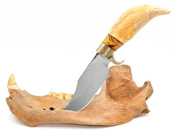 Kerr Custom Knives Valade Engraved Fossilized Tooth Bowie Knife w/ Jaw Display