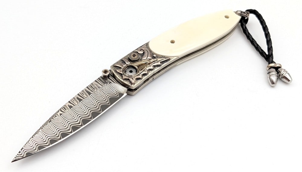 William Henry Fine Knives 1 of 1 Damascus Mokume Gane Warthog Tusk Folding Knife w/ Box: This knife is a custom made one of a kind with some of the most amazing artistry. Features a wave damscus blade, a hand carved Mokume Gane alloy and silver bolster by artist Lee Downey, warthog tusk h