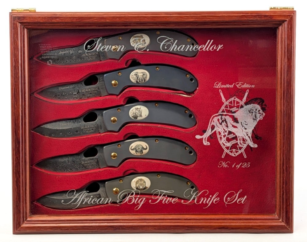 Ltd Bladetech Wegner Professional Hunter African Big Five Knife Set: Set is numbered 1 of 25. Features (5) Bladetech Wegner Professional Hunter Knives with damascus blades with multiple notched sections on the spine, gold finish hardware and liners, and scrimshaw exoti