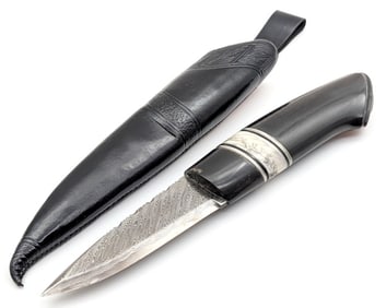 Mattias Styrefors Pulled Rain Drop Damascus Horn Handle Puukko Knife w/ Sheath