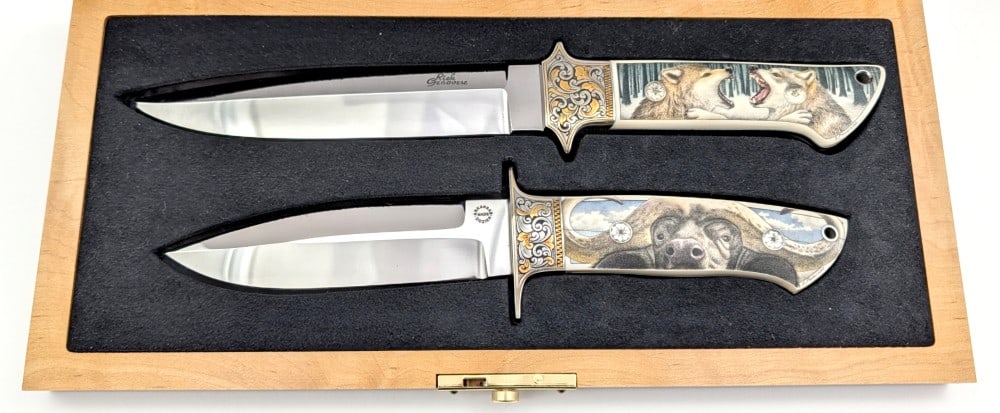 Custom Dozier Knives / Rick Genoveas Mike Dubber Engraved Scrimshaw Cased Set: This set is just a gorgeous example of a collaboration of amazing craftsmanship. The knives are made by Dozier Knives and Rick Genoveas with mirror polished blades, the nickel silver guards and hand e