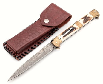 13in Engraved Stag Damascus Switchblade Knife w/ Sheath