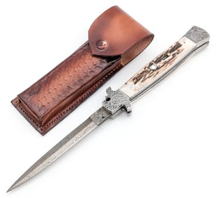 13in Engraved Stag Damascus Switchblade Knife w/ Sheath