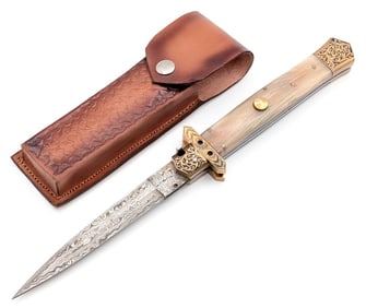 13in Engraved Horn Damascus Switchblade Knife w/ Sheath