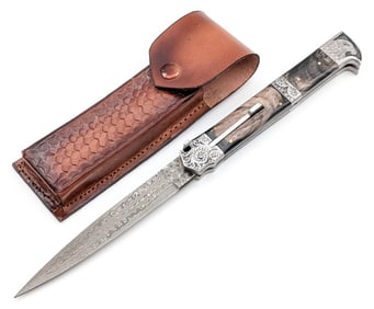 13in Engraved Horn Damascus Switchblade Knife w/ Sheath