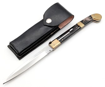 13in Horn Handle Switchblade Knife w/ Sheath