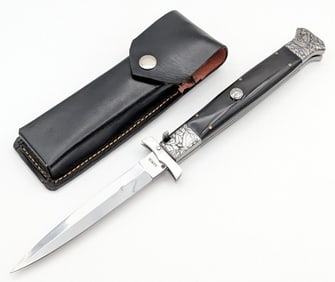Samir Ahmad 13in Floral Engraved Horn Handle Switchblade w/ Sheath