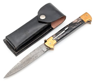 11in Rain Drop Damascus Horn Handle Switchblade Knife w/ Sheath