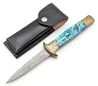 11in Rain Drop Damascus Abalone Switchblade Knife w/ Sheath