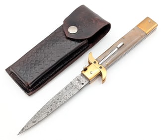 Samir 11in Rain Drop Damascus Horn Handle Switchblade Knife w/ Sheath