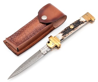 11in Rain Drop Damascus Stag Handle Switchblade Knife w/ Sheath
