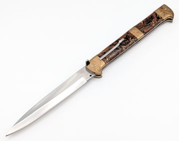 13in Engraved Marbled Brown Switchblade Knife