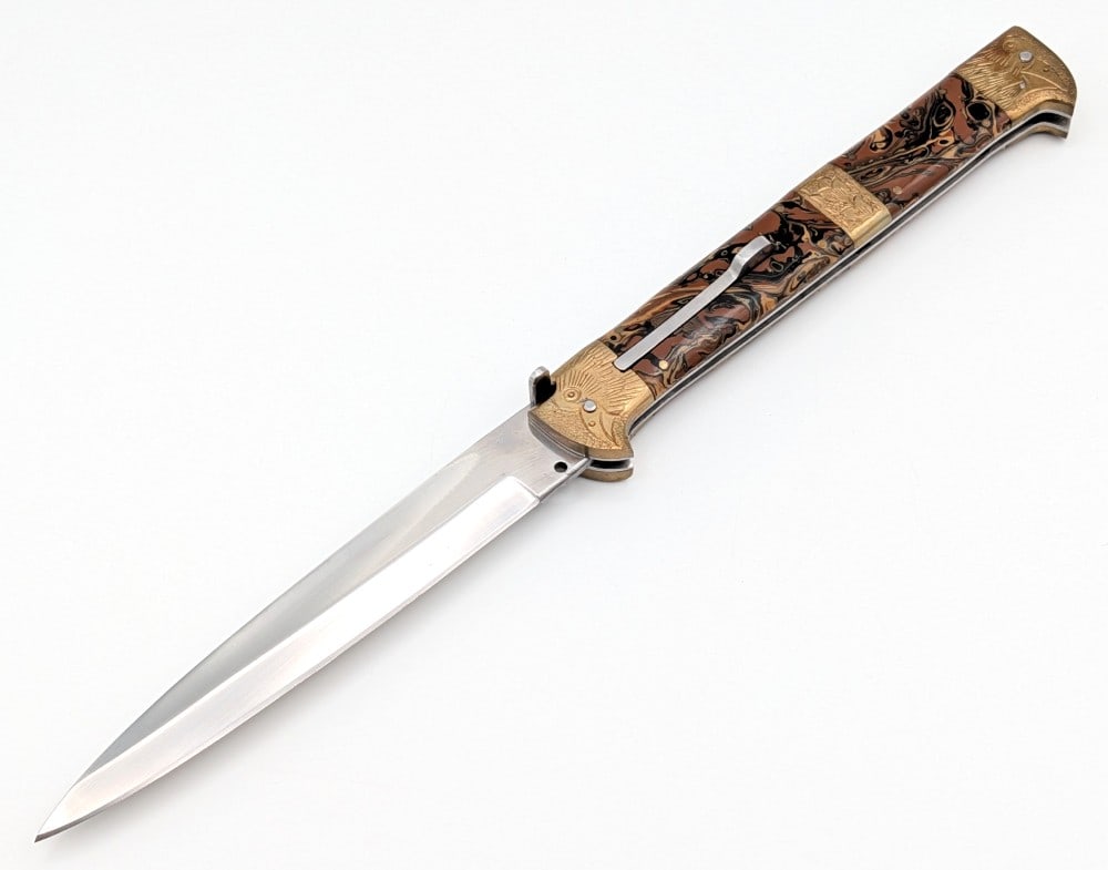 13in Engraved Marbled Brown Switchblade Knife (1 of 7)
