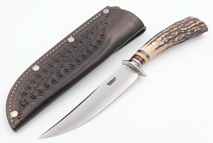 Jim Behring Jr. Pinned Stag Hunter Fixed Blade w/ Mosher Sheath