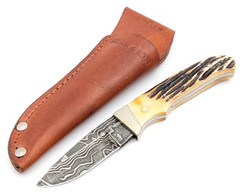 Bear & Sons Damascus and Stag Fixed Blade Knife w/ Sheath