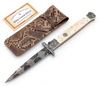 Afaaq Custom Knives 11in Mosaic Damascus Agoya Pearl Switchblade w/ Sheath
