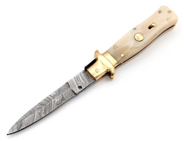 Unmarked Damascus Horn Handle Pick Lock Switchblade Knife