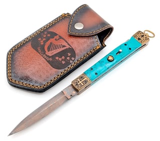 Custom Irish Engraved Spear Point Lockback Switchblade w/ Sheath