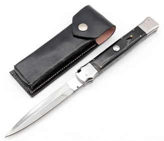 11in Horn Handle Switchblade Knife w/ Sheath