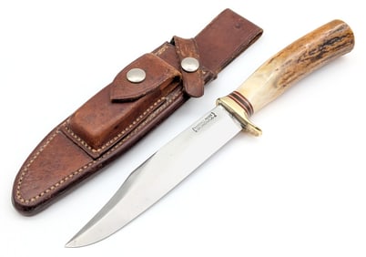 1970's Randall Model 12 6in Stag Sportsman Bowie w/ Rough Back Sheath