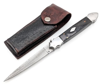 11.5in Damascus Horn Handle Switchblade Knife w/ Sheath