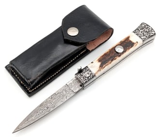 9in Engraved Stag Damascus Switchblade Knife w/ Sheath
