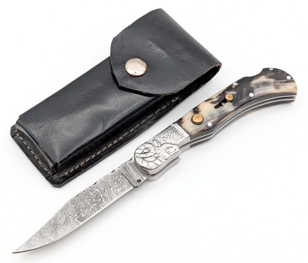 Damascus Horn Handle Rams Head Switchblade w/ Sheath (1 of 9)