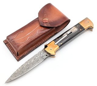 9in Rain Drop Damascus Horn Handle Switchblade w/ Sheath
