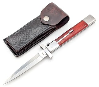Samir 11in Swing Guard Smooth Wood Switchblade Knife w/ Sheath