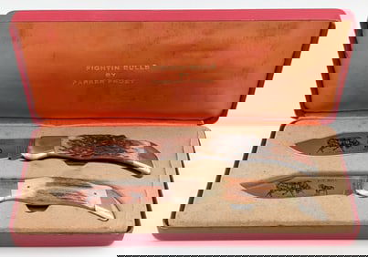 Parker Frost Fightn Bulls Jigged Bone & Stag Large Clasp Knives w/ Case