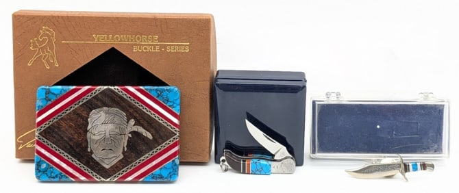 David Yellowhorse Belt Buckle, Bowie Pin, & Mini Folder.