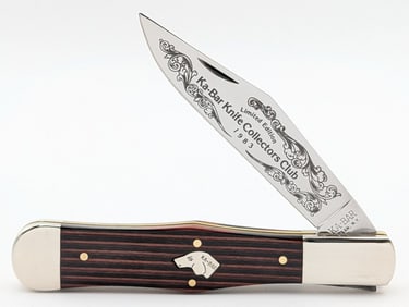 1983 Ka-Bar Collectors Club Dogs Head Laminate Wood Coke Bottle