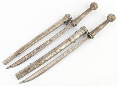Antique Pair of Burmese Dha Short Swords w/ Scabbards