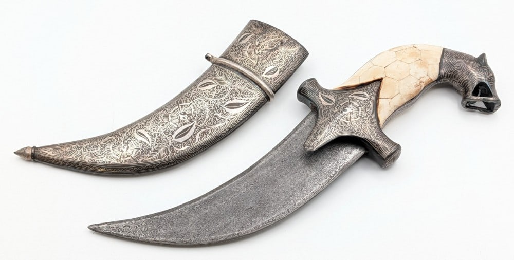 Antique Ornate Mosaic Damascus Arabian Jambiya w/ Scabbard: Features a fine pattern mosaic damascus blade with silver wire inlay, a darkened finish guard with silver wire inlay, hexagonal bone handle scales, and a tiger or beast head pommel with silver wire in