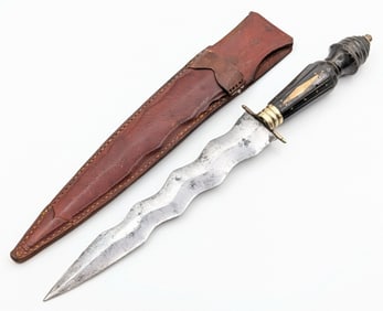 1800's European Horn Handle Kriss Dagger w/ Sheath