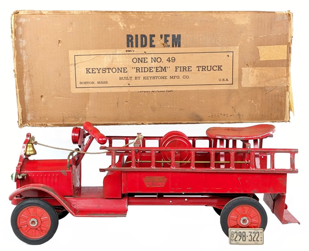Original Keystone Ride 'Em Fire Truck with Original Box: Original Keystone No. 49 Ride 'Em Fire Truck with the original box. A great original example with an elusive original box for this era of trucks. The truck has period jeweled headlights, original stri