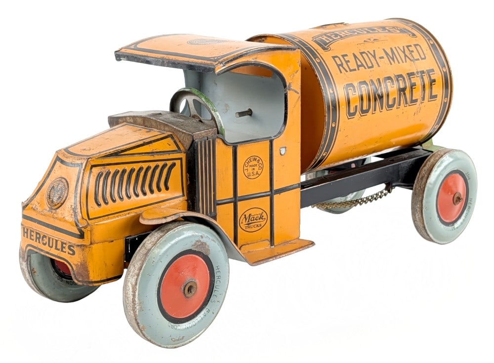 Chein Hercules Mack Ready-Mix Concrete Mixer Truck: Incredible original Chein Hercules Mack Ready-Mix Concrete Mixer truck. The truck is complete with the door on the mixer drum and chain that attaches to the rear axle that rotates the drum. The truck