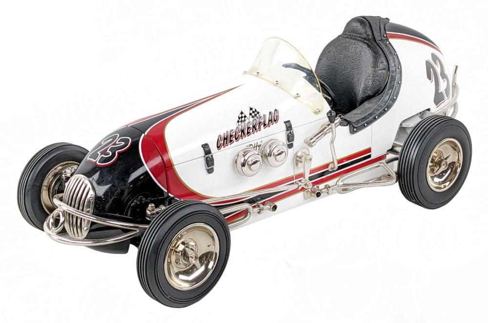 Retro 123 Checkerflag "Offy" #23 Midget Racer: Retro 123 Checkerflag "Offy" Special #23 Midget Racer. The racer is in very good condition with light dust from display. The racer displays very well with chrome features, upholstered seat, and great