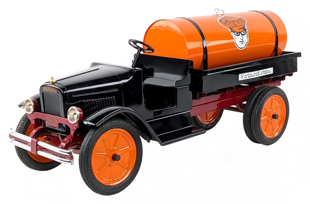 Custom Buddy L Oilzum Motor Oil Tanker Truck: Very nice and unique custom Buddy L Oilzum Motor Oils and Lubricants tanker truck. The truck displays very well with a high quality paint job, orange tanker with brass spigot, orange wheels to match t