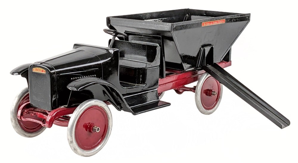 Custom Buddy L Open Cab Coal Truck: Custom Buddy L coal truck. The truck features an open cab with black coal bed and red center disc wheels. The truck comes with one chute for the bed. The coal bed does have some pitting and age wear s