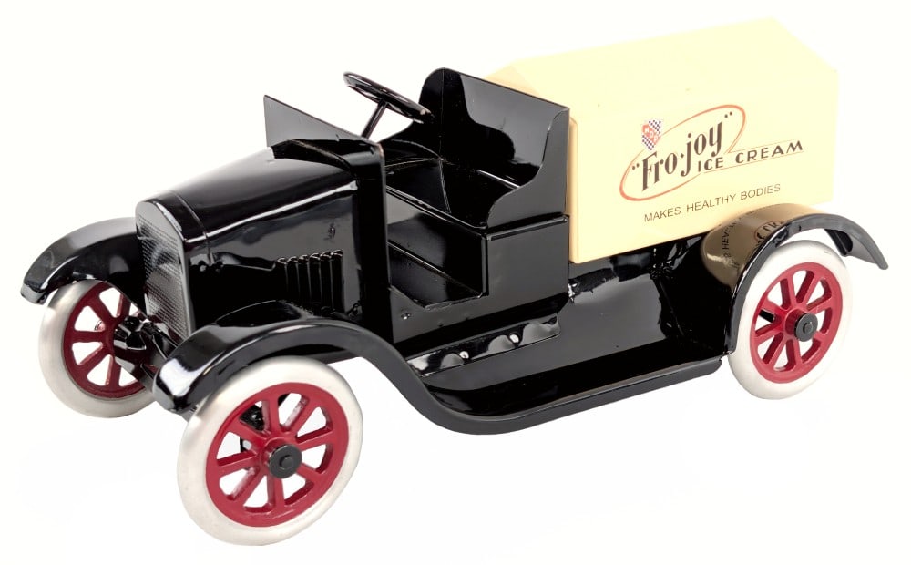 Cowdery Toy Works Flivver Fro-Joy Ice Cream Delivery Truck: Cowdery Toy Works Buddy L style custom Flivver Fro-Joy Ice Cream delivery truck. The truck is stamped #16 of 24 on the bottom and has a Cowdery Toy Works decal. Good condition and displays very well.