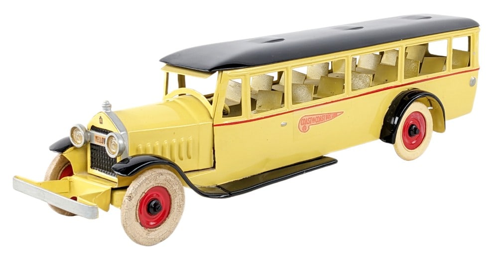 Restored Kingsbury Windup Passenger Bus: Professionally restored Kingsbury windup Interurban passenger bus. The windup mechanism works. The bus has older / original wheels on the front and replacements on the rear. Overall very good