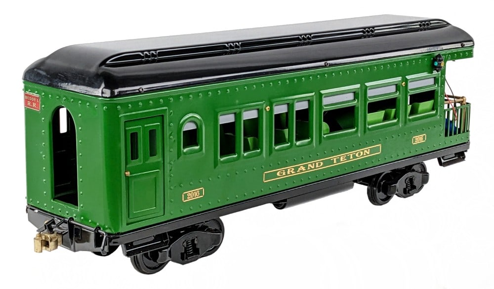 T-Reproductions Buddy L Grand Teton #2016 Observation Car: T-Reproductions Buddy L Grand Teton #2016 observation car with original box. The car is in great condition. The box has some dust and staining from storage. The car measures approximately 26" long.