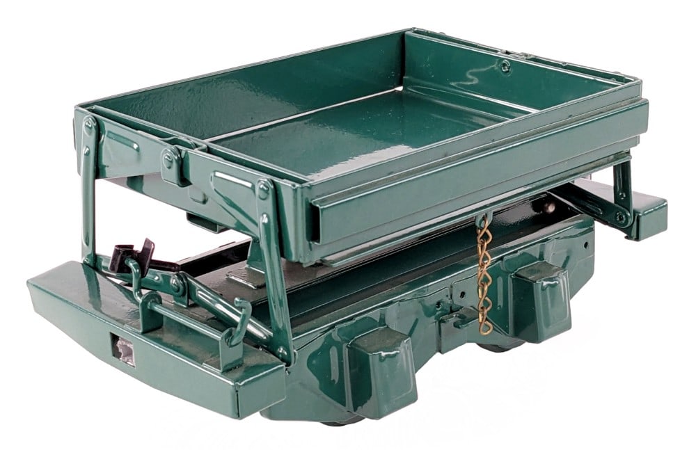 T-Reproductions Buddy L Outdoor Railroad Side Dump Car: T-Reproductions Buddy L Outdoor Railroad side dump car. The car has a broken coupler, but comes with a replacement. The car looks like it never had decals applied to it. Some minor rub marks and