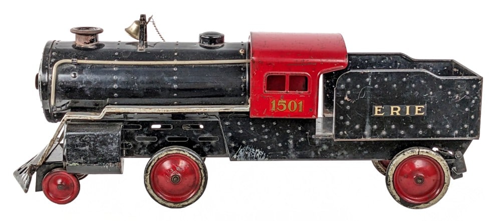Original Steelcraft Erie Train Engine: Original Steelcraft Erie train locomotive / engine. The pull cord for the bell was replaced, but otherwise all original. The bracket for the bell is bent and the train has paint loss and play wear.