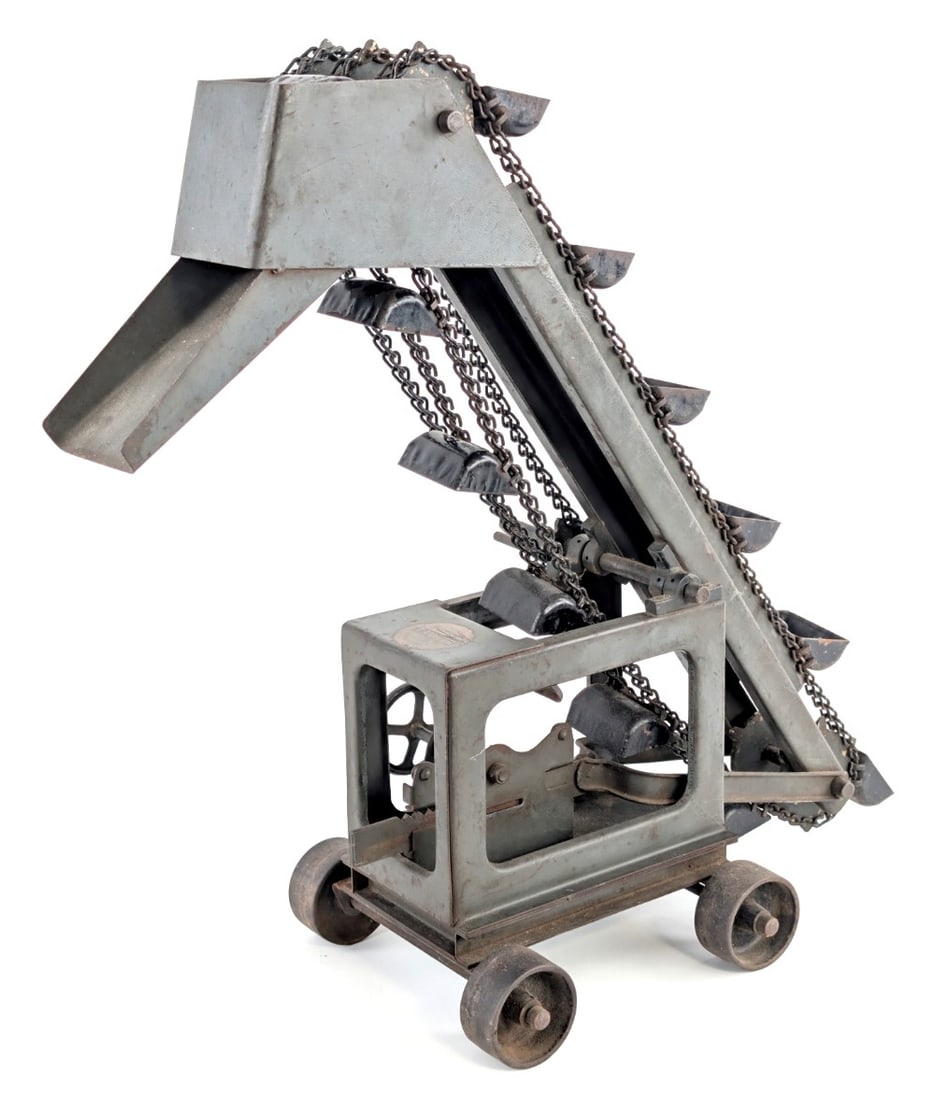 Original Buddy L Sand Loader: Original Buddy L sand loader. The sand loader has some paint loss and wear from play and age. The crank for the bucket reel works and so does the crank to adjust the height of the chute. Measures